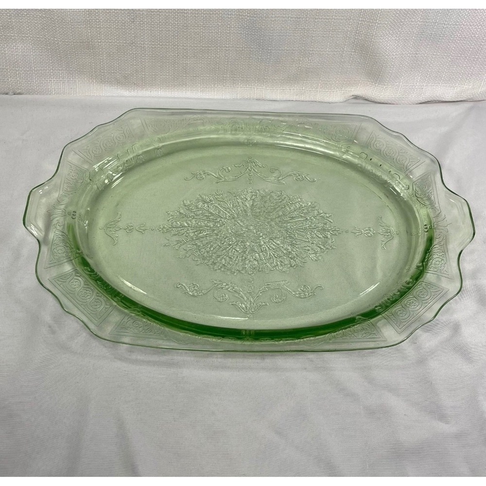 Vintage Hocking Princess Green Uranium Depression Glass Oval Platter Tray 11.5in